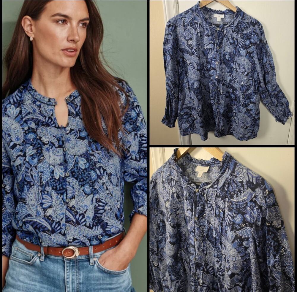 J. Jill Linen Blue Paisley Pintuck Button Front Blouse XL Boho Western Country